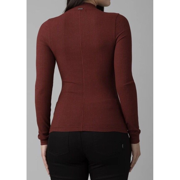 New Womens Prana NWT M Foundation Rib Mock Neck LS Red Orang Top Rhubarb Heather - Picture 2 of 7